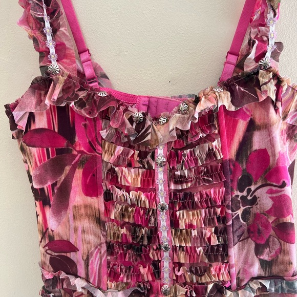 VINTAGE NWT Albert Makali Floral Pink Ruffle Women's Corset Top Originally $265 - Picture 3 of 14